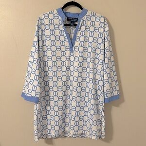 Cape Madras Cotton White & Lt Blue Tunic Top Coverup Sz Large Resortwear Preppy
